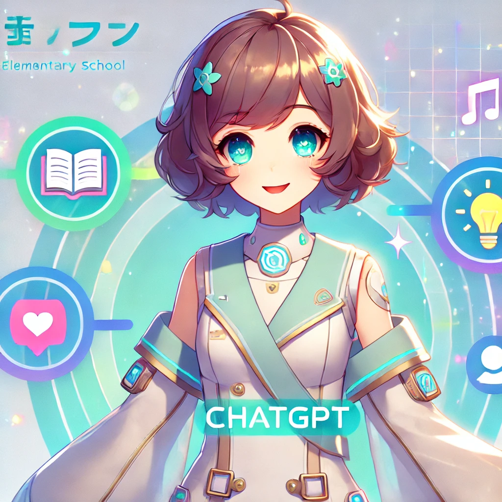 alt="An anime-style character representing ChatGPT, designed to appeal to Japanese elementary school students. The character has a friendly and approachable appearance, with a bright and cheerful expression. The outfit is futuristic yet simple, incorporating pastel tones such as light blue and white with accents of green to symbolize technology and creativity. The character has short, slightly wavy hair and is surrounded by a few floating holographic icons of books, a speech bubble, and a light bulb. The background is softly blurred with vibrant colors to keep the focus on the character."/>