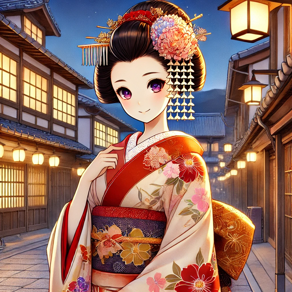 alt="A traditional Japanese Kyoto Maiko (apprentice geisha) in an anime style. The Maiko is wearing an elegant kimono with intricate floral patterns in vibrant colors like red and gold. Her hairstyle is adorned with traditional kanzashi hair ornaments, including flowers and tassels. The setting is a serene and picturesque Kyoto street with cobblestones and wooden machiya townhouses in the background, illuminated by soft lantern light. The Maiko is standing gracefully, with a slight smile and a fan in her hand, exuding charm and cultural beauty.