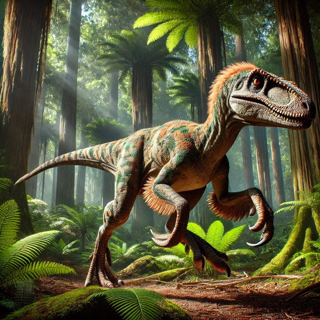 alt="A realistic depiction of a Velociraptor dinosaur in a lush prehistoric forest. The raptor is depicted mid-motion, with its sharp claws extended and an intense, alert expression. Its body is covered with scaly skin and some feathers, featuring natural earthy tones such as green, brown, and tan. The setting includes tall, ancient ferns and large trees, with dappled sunlight filtering through the canopy, creating a dynamic and immersive prehistoric environment.