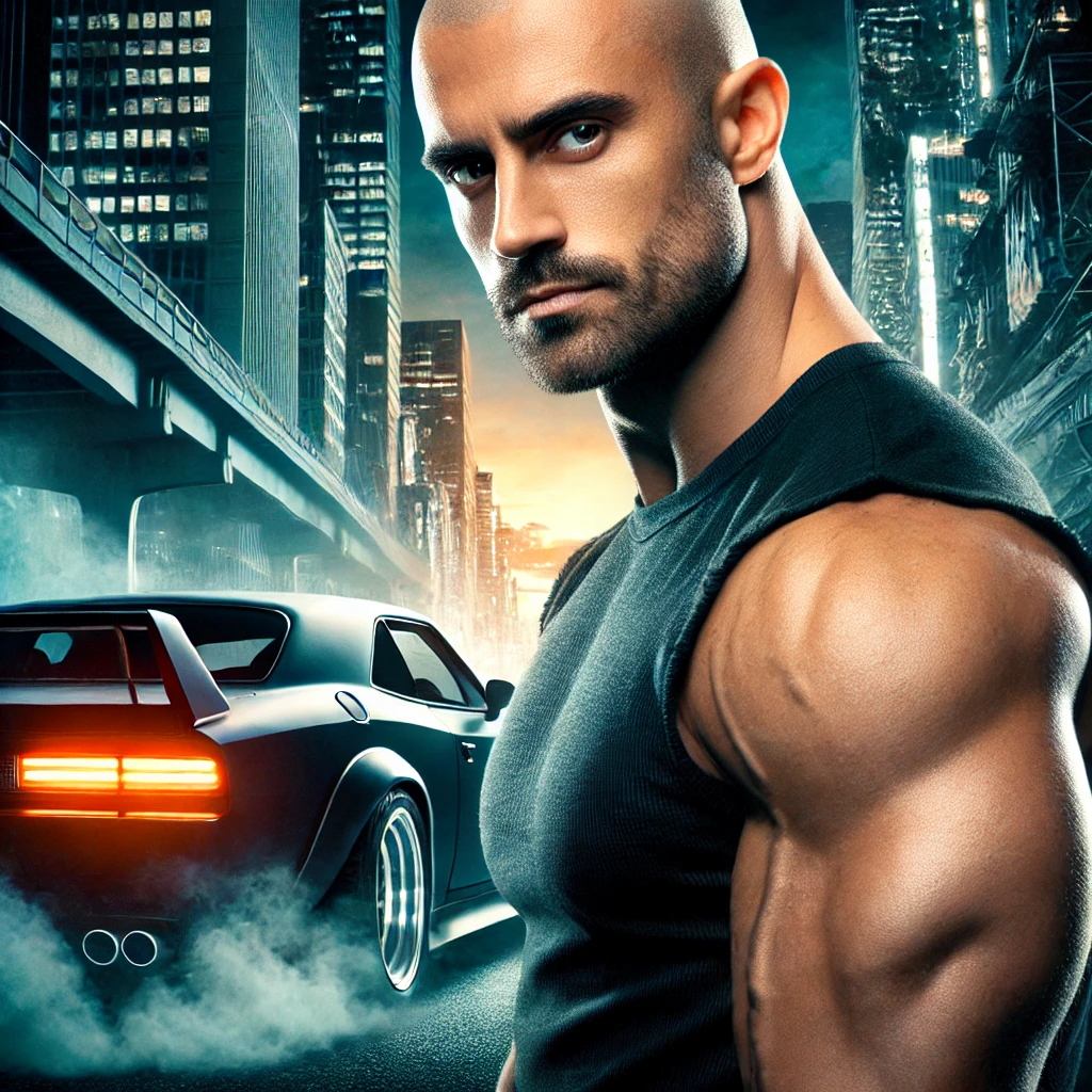 alt="A strong, muscular man resembling a character from the Fast & Furious franchise, with a rugged and tough appearance. He is bald and has a confident, intense expression. The man is wearing a sleeveless black shirt that shows off his muscular arms, and he stands next to a sleek, powerful sports car under a dramatic cityscape with neon lights. The scene is action-packed, with a hint of smoke and urban grit, emphasizing the fast-paced, high-energy vibe of the franchise.
