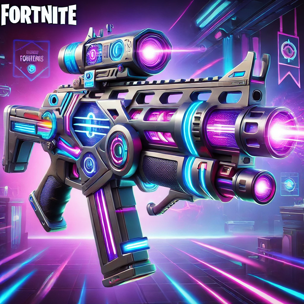 alt="A futuristic and visually stunning weapon inspired by Fortnite's most powerful gear. The weapon has a sleek and colorful design with glowing energy elements, blending vibrant purples, blues, and neon accents. It features advanced technological details like a holographic targeting system, dynamic energy cores, and a striking barrel design. The background is set in a Fortnite-like battle arena with a vibrant and cartoonish style, emphasizing the game's iconic aesthetic.
