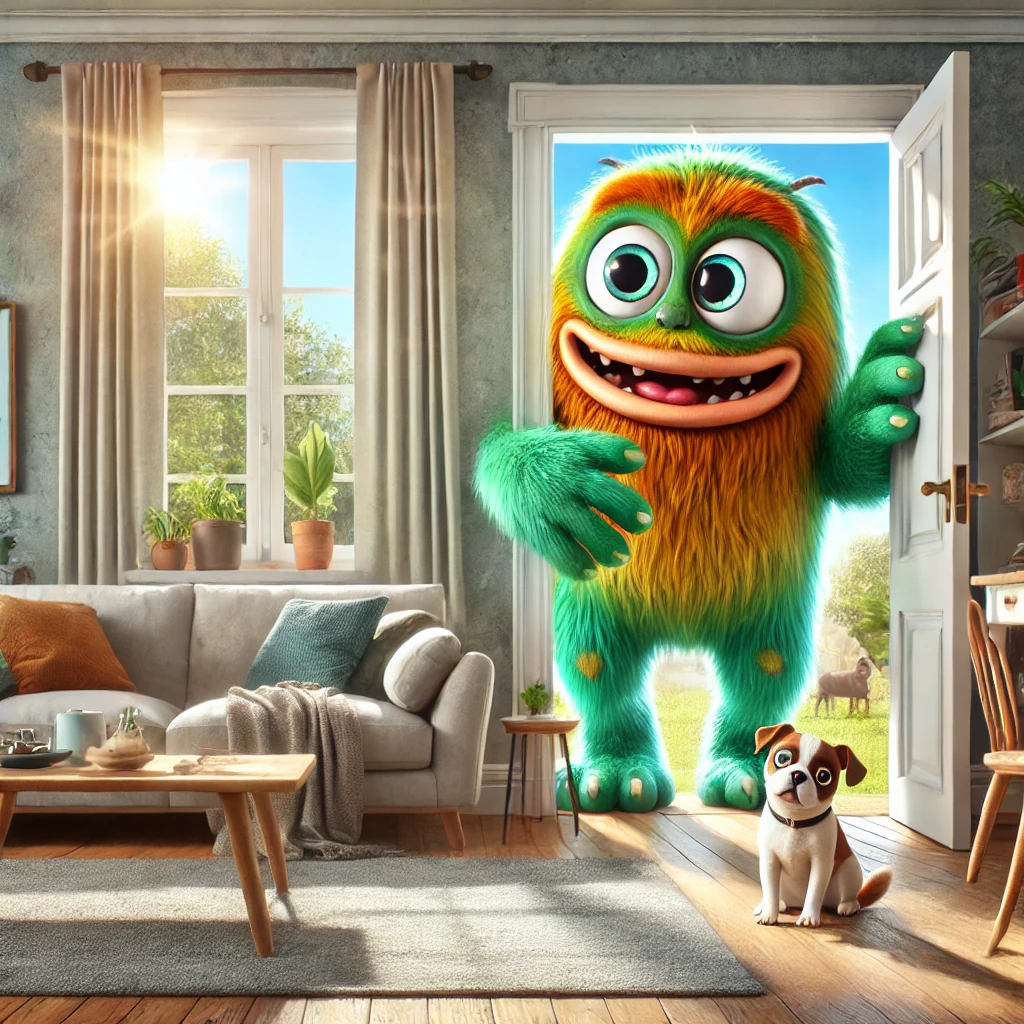 alt="A whimsical and slightly humorous scene of a large monster emerging inside a cozy, modern living room. The monster is cartoonish and non-threatening, with bright, friendly colors like green and orange, and exaggerated features such as big round eyes, fluffy fur, and oversized hands. The living room is detailed with comfortable furniture, a coffee table, and a family pet looking surprised. The background includes a window with sunlight streaming in, and the setting has a lighthearted and playful atmosphere."
