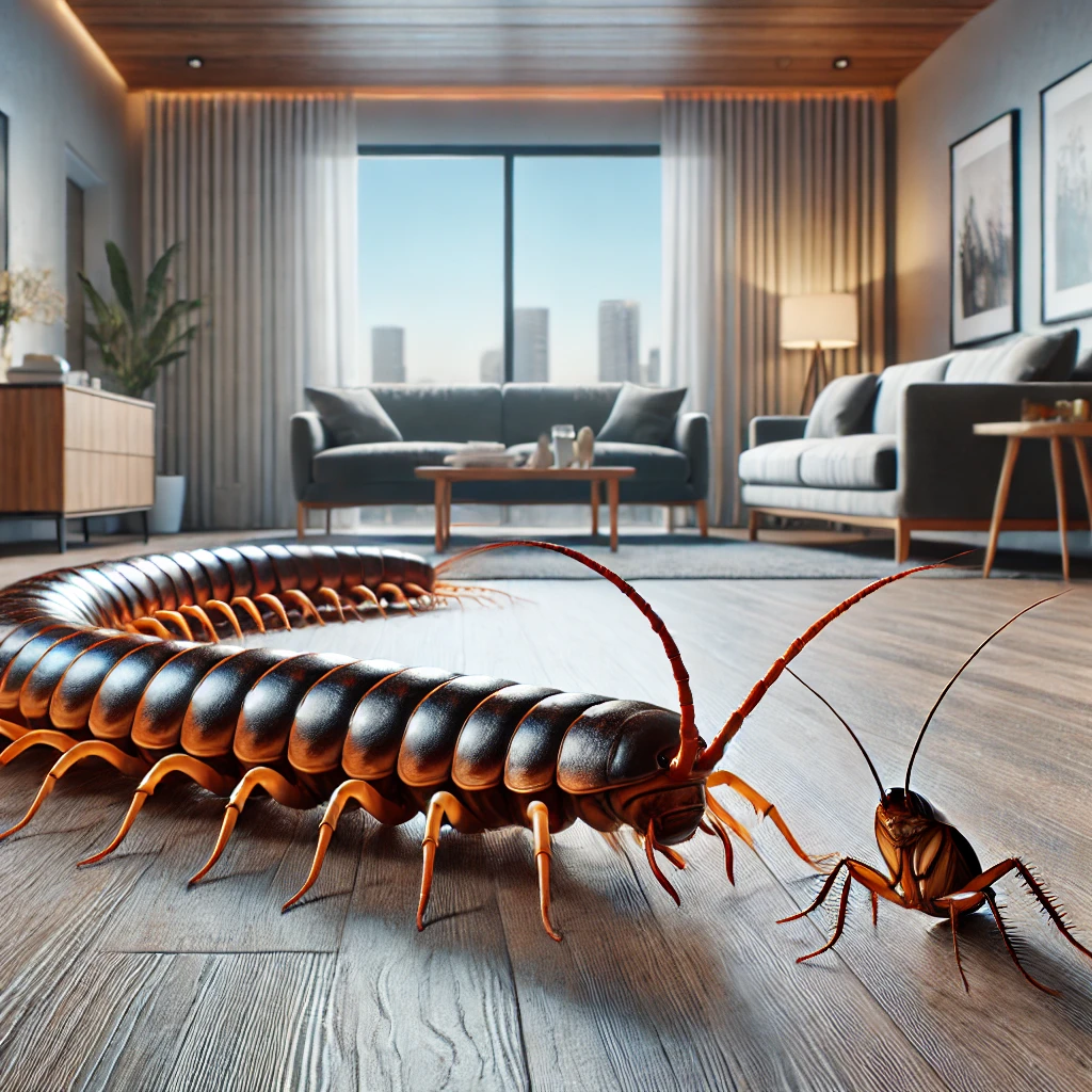 alt="A realistic depiction of a large centipede and cockroach invading a modern home. The scene shows the centipede crawling across a wooden floor near a corner of the room, with its numerous legs and segmented body clearly detailed. The cockroach is perched on a nearby surface, its antennae raised as if sensing its surroundings. The background includes typical home furniture such as a couch, a coffee table, and soft lighting, creating a contrast between the cozy living space and the unsettling presence of the insects. The atmosphere is tense but realistic."