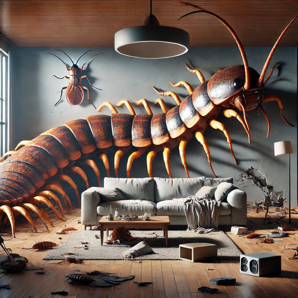 alt="A realistic depiction of a gigantic centipede and cockroach, each larger than a car, invading a modern home. The centipede, with its massive segmented body and countless legs, is coiled around a large part of the living room, crushing furniture under its weight. The enormous cockroach is climbing a wall, its antennae stretching toward the ceiling. The setting is a typical home interior with a sofa, a coffee table, and scattered objects emphasizing the chaos caused by the creatures. The lighting is dramatic, casting eerie shadows to enhance the tension and surreal horror of the scene."