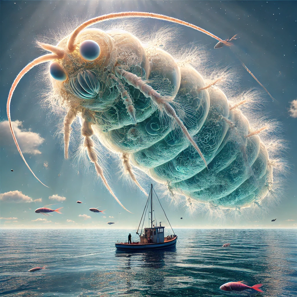 alt="A realistic depiction of an enormous plankton creature, larger than a house, floating in a vast ocean. The plankton has a translucent, glowing body with intricate biological details, such as delicate appendages and swirling internal patterns, magnified to an epic scale. Surrounding the plankton are a small fishing boat and several fish, emphasizing the massive size of the creature by comparison. The setting includes a calm sea and a slightly cloudy sky, with sunlight filtering through the water to create a surreal, awe-inspiring atmosphere."