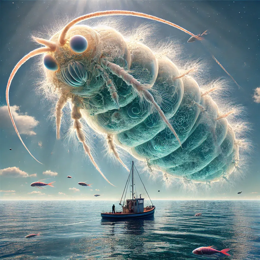 A realistic depiction of an enormous plankton creature, larger than a house, floating in a vast ocean. The plankton has a translucent, glowing body with intricate biological details, such as delicate appendages and swirling internal patterns, magnified to an epic scale. Surrounding the plankton are a small fishing boat and several fish, emphasizing the massive size of the creature by comparison. The setting includes a calm sea and a slightly cloudy sky, with sunlight filtering through the water to create a surreal, awe-inspiring atmosphere.