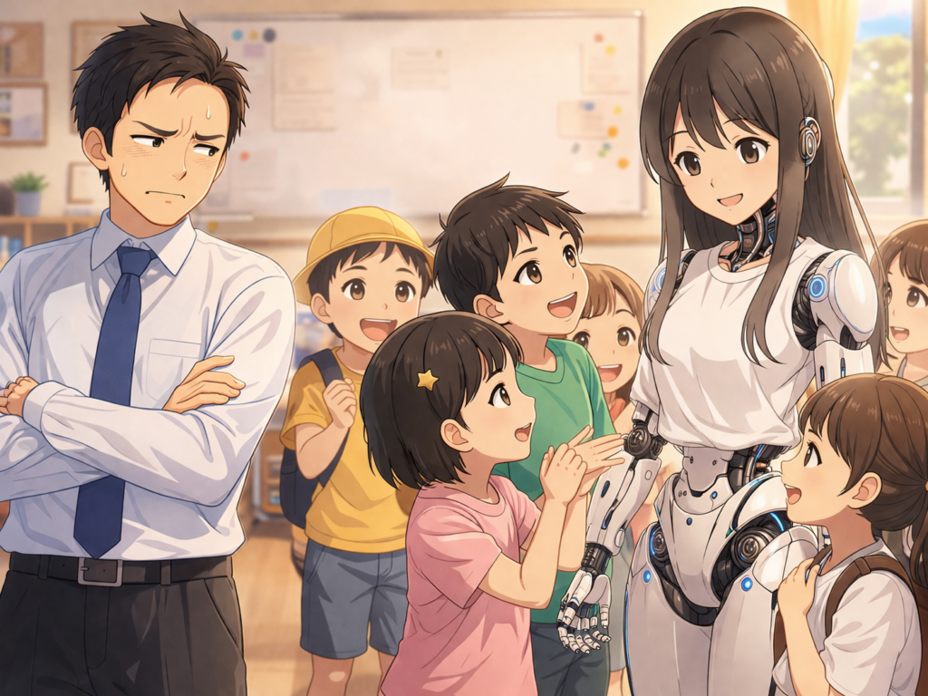 教室で小学生に囲まれている女性型ヒューマノイドと、それを羨ましそうに見つめている男性教員の対比画像。「AI内蔵型のロボットの方が、人間の教師よりも児童生徒の心理理解に優れている世界」を描いている。