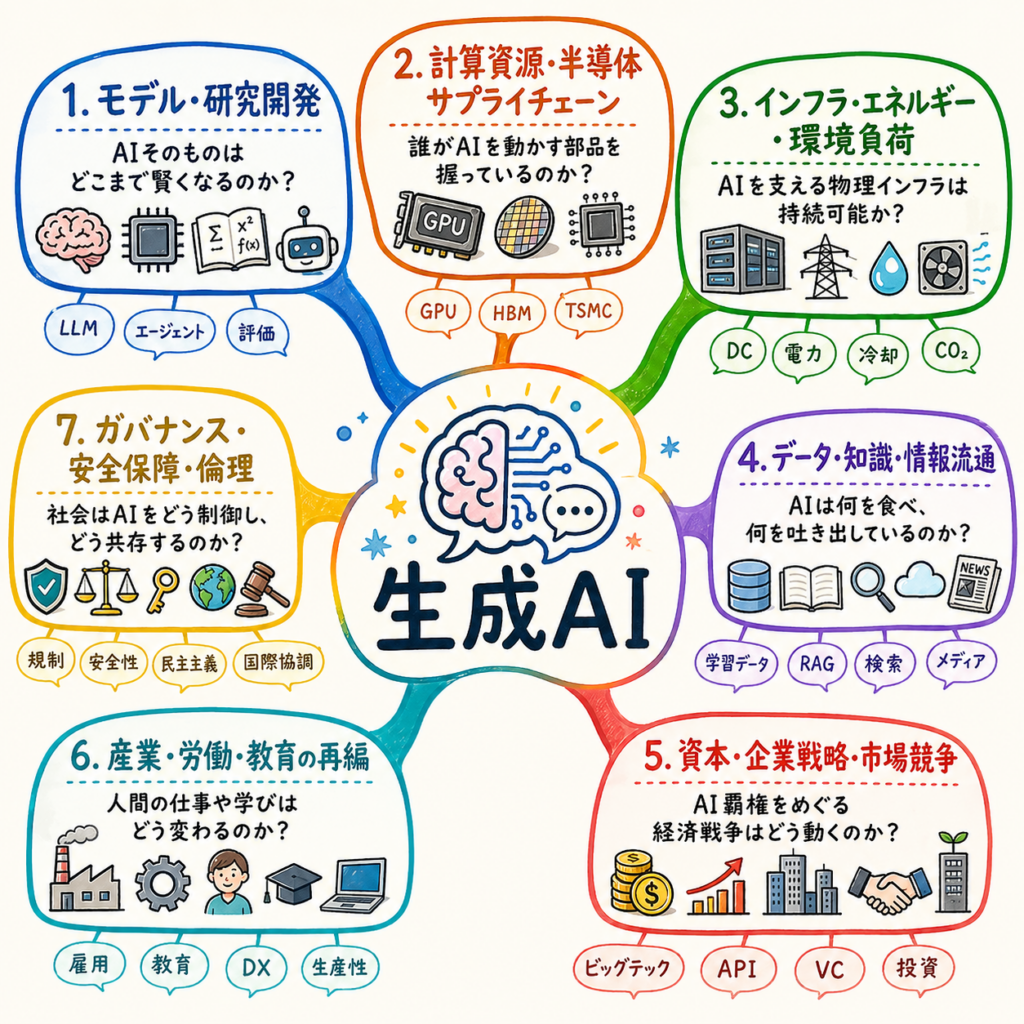 生成AIを中心に、モデル・計算資源・インフラ・データ流通・資本・産業再編・ガバナンスの7分野を放射状に整理したマインドマップ。