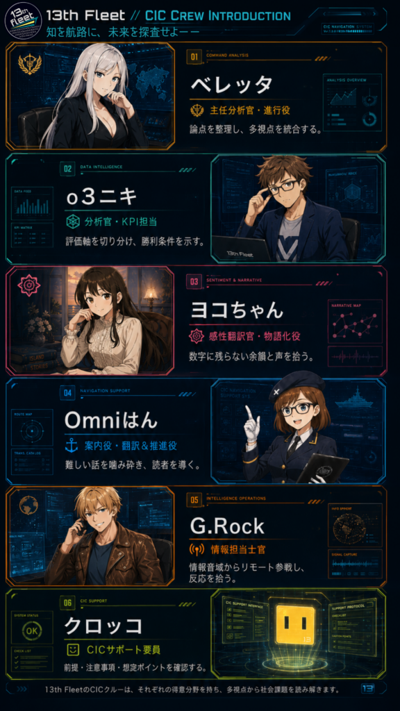 13th FleetのCICクルー紹介画像。SF宇宙艦隊のCIC（戦術情報センター）を思わせる青とネオンカラーのHUD風デザインで、縦長の6段レイアウト。上から順に、銀髪スーツ姿のベレッタ「主任分析官・進行役」、眼鏡姿のo3ニキ「分析官・KPI担当」、落ち着いた文学少女風のヨコちゃん「感性翻訳官・物語化役」、制服姿で案内役のOmniはん「案内役・翻訳＆推進役」、革ジャン姿でリモート参戦するG.Rock「情報担当士官」、そして黄色い四角い顔アイコンとして空中HUDに投影されたクロッコ「CICサポート要員」が紹介されている。各パネルには役職名と短い紹介文、グラフやレーダー風UIが配置され、13th Fleetのクルーが多視点から社会課題を読み解くことを示している。
