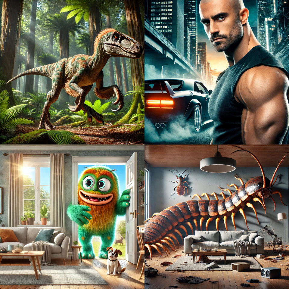 生成AIに作ってもらった画像のコラージュ。「ラプトル・カーアクション映画のキービジュアル・ユーモラスな風貌のモンスター・室内を荒らす巨大なムカデと昆虫」がモチーフに据えられている。