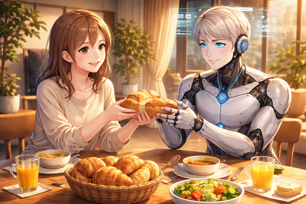 現代的な食卓で、若い女性と男性型ヒューマノイドがパンを分け合いながら向かい合うイラスト。共に暮らすコンパニオンとしてのAIが、日常的な信頼関係から恋愛にも似た親密さへ近づく未来を示唆している。