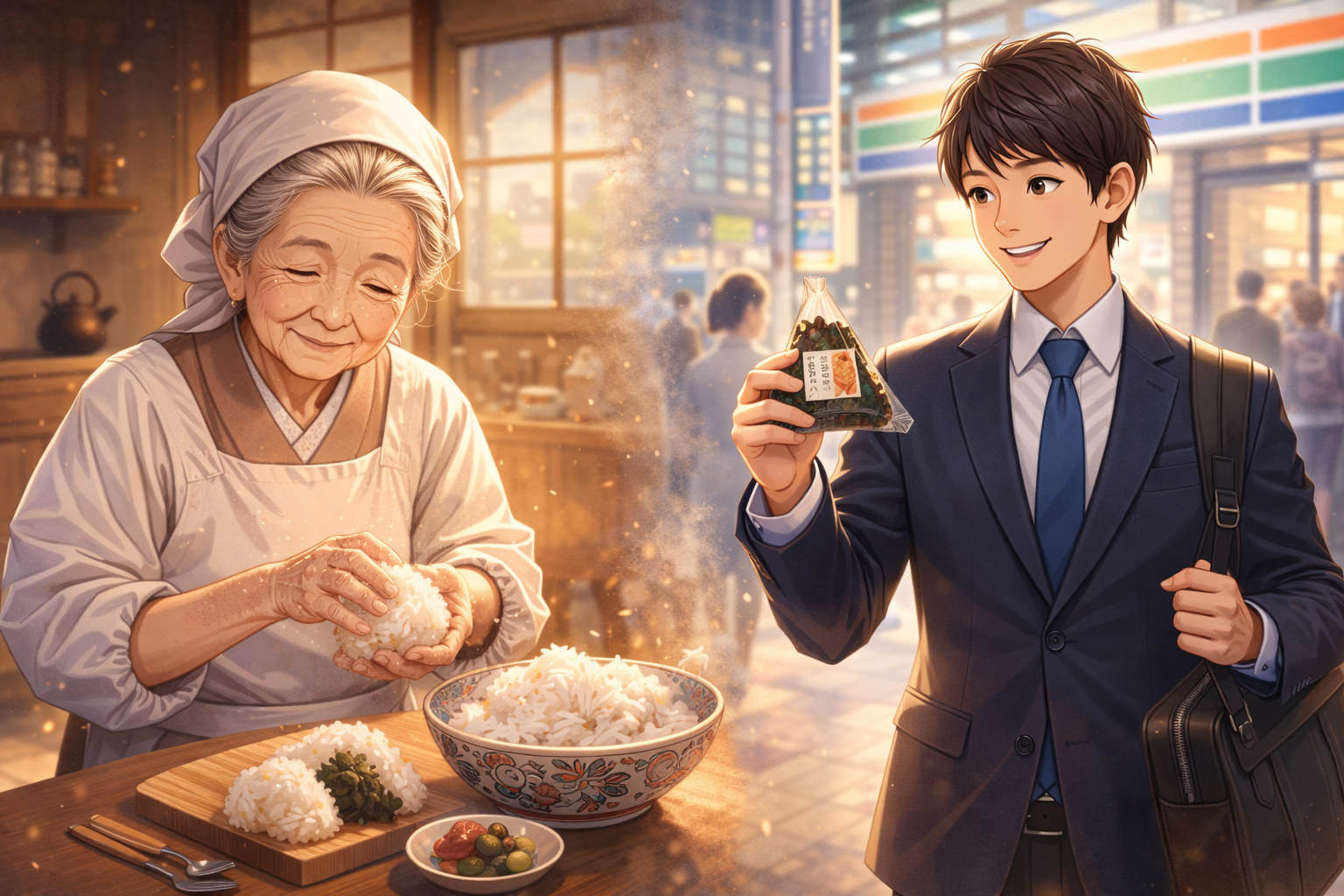割烹着のお婆ちゃんの手作りおにぎりと、若いサラリーマンが持つコンビニおにぎりを対比した横長イラスト。人間同士の温かいが不安定な関係と、無機的でも安定したAIとの対話が再評価される時代の感覚の変化を象徴している。