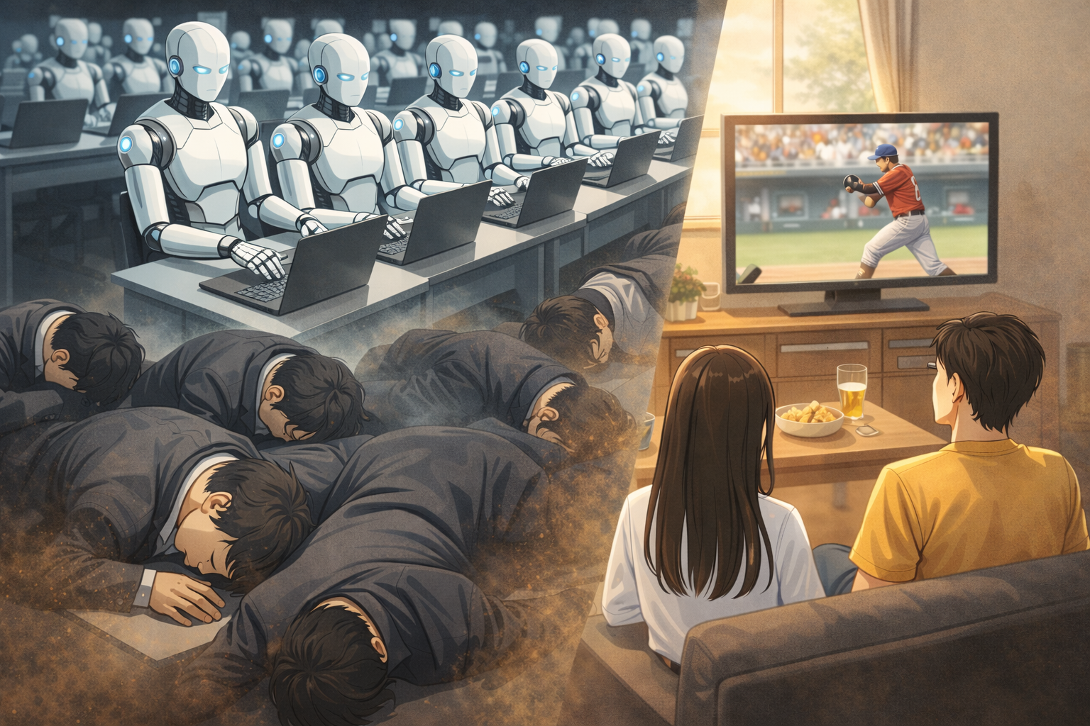 PC作業を続けるヒューマノイドが上段に並び、その下でスーツ姿の人々が倒れ伏し、右側では人々が無邪気に野球中継を見ている横長イラスト。AIの進化が労働と生活基盤を静かに塗り替えていく中で、社会が危機を直視しないまま娯楽に安住する危うさを象徴している。