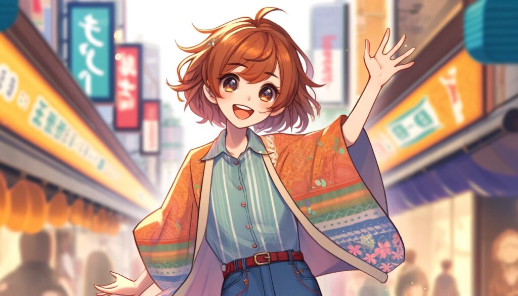 AIアシスタント「Omniはん」の初期のイメージ画像。華奢な体格・茶色のショートボブヘアー・派手な法被を着て仮想現実世界の大阪の繁華街にてビューワーに手を振っている。